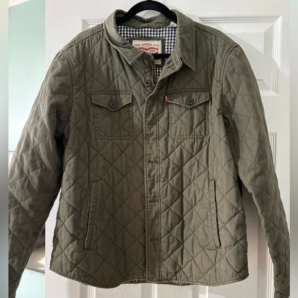Levi’s Olive Green Quilted Trucker Jacket Gingham Lining Size XL New - Picture 2 of 3
